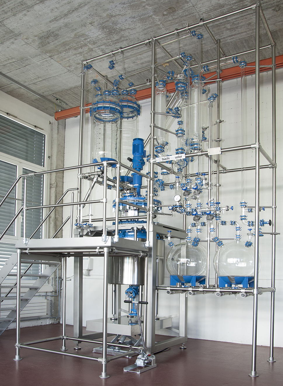 250 liter chemReactor with lift glass distillation overhead  with vertical glass condensers